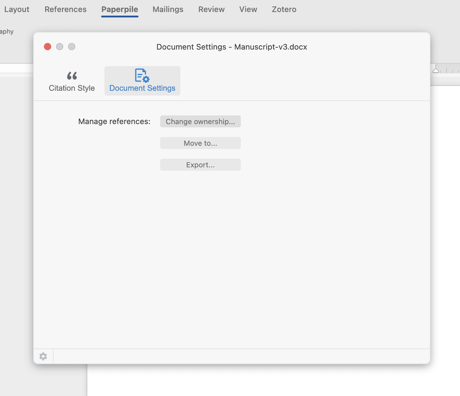 The Document Settings window for Manuscript-v3.docx in Word, on the Document Settings tab, offering “Change ownership…”, “Move to…” and “Export…” buttons under “Manage references”.